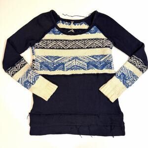Free People Sweater Womens XS Navy Blue Cream Fair Isle Tunic Knit Boho